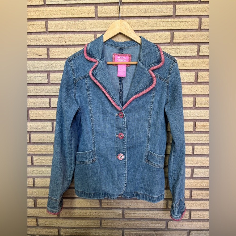 Women's Denim Blazer -Size 8 - Pink Tweed Accent Jean Blazer - Bust 40 - Squeeze